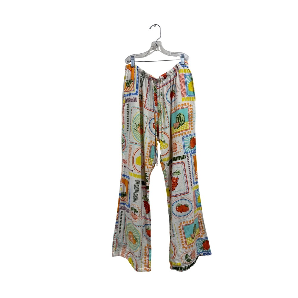 Cali 1850 Fruit Stamp Print Linen Blend Wide Leg Pants Tropical Multi Color Sz M - Picture 3 of 8